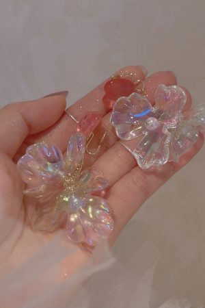Colorful Transparent Petal Earrings for Women - Long Pink Heart-Shaped Seaside Vacation Ear Accessories, Mosquito Coil Ear Clips