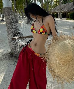Colorful Tropical Fruit Bikini with Tie-Back, Split Back, and Slimming Design - Sexy Small Chest Swimsuit for Vacation & Hot Springs