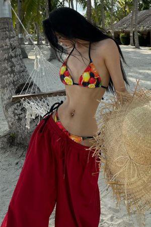 Colorful Tropical Fruit Bikini with Tie-Back, Split Back, and Slimming Design - Sexy Small Chest Swimsuit for Vacation & Hot Springs