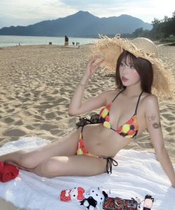 Colorful Tropical Fruit Bikini with Tie-Back, Split Back, and Slimming Design - Sexy Small Chest Swimsuit for Vacation & Hot Springs