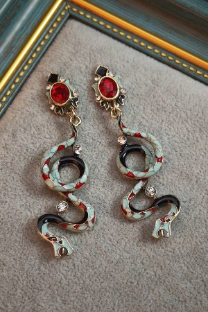 Colorful Twisted Snake Oil Drop Diamond Earrings - Retro European and American High-End Ear Accessories
