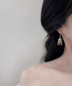 Colorful Vintage Ethnic Round Bead Pendant Earrings - Hollow Tibetan Clip-On Design for Travel & Niche Fashion