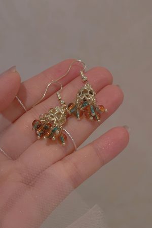 Colorful Vintage Ethnic Round Bead Pendant Earrings - Hollow Tibetan Clip-On Design for Travel & Niche Fashion