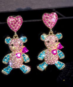 Colorful Violent Bear Sparkling Diamond Earrings - Unique Minimalist Animal Design for Women, Cute Statement Jewelry