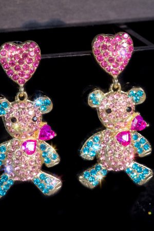Colorful Violent Bear Sparkling Diamond Earrings - Unique Minimalist Animal Design for Women, Cute Statement Jewelry