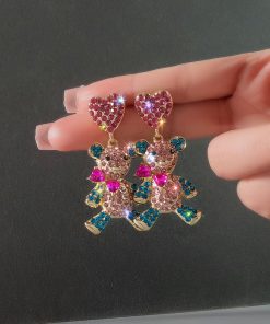 Colorful Violent Bear Sparkling Diamond Earrings - Unique Minimalist Animal Design for Women, Cute Statement Jewelry