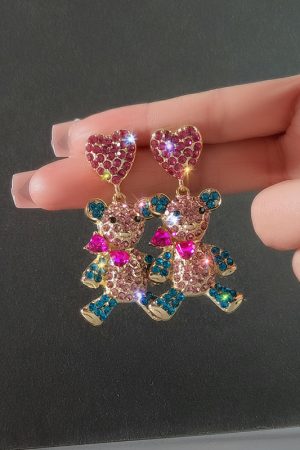 Colorful Violent Bear Sparkling Diamond Earrings - Unique Minimalist Animal Design for Women, Cute Statement Jewelry