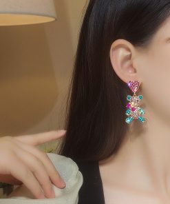 Colorful Violent Bear Sparkling Diamond Earrings - Unique Minimalist Animal Design for Women, Cute Statement Jewelry