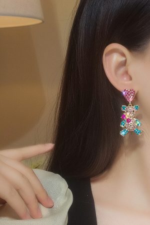 Colorful Violent Bear Sparkling Diamond Earrings - Unique Minimalist Animal Design for Women, Cute Statement Jewelry