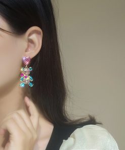 Colorful Violent Bear Sparkling Diamond Earrings - Unique Minimalist Animal Design for Women, Cute Statement Jewelry