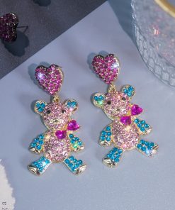 Colorful Violent Bear Sparkling Diamond Earrings - Unique Minimalist Animal Design for Women, Cute Statement Jewelry