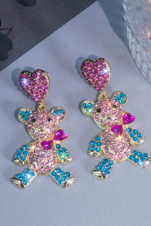 Colorful Violent Bear Sparkling Diamond Earrings - Unique Minimalist Animal Design for Women, Cute Statement Jewelry
