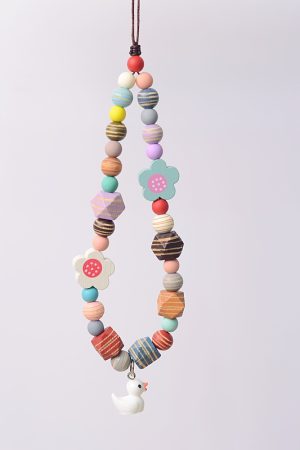 Colorful Wooden Resin Bear Duck Cartoon Phone Strap Lanyard - Cute Lightweight Anti-Lost Wrist Accessory for Women