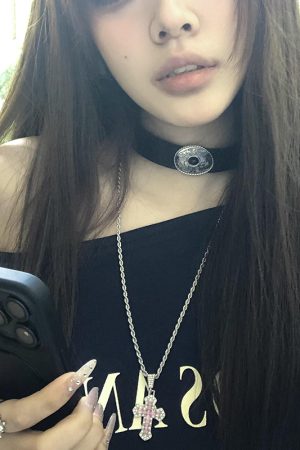 Colorful Zircon Cross Necklace for Women - Y2K Retro Round Pendant Choker, Layered Sweater Chain Accessory