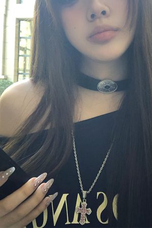 Colorful Zircon Cross Necklace for Women - Y2K Retro Round Pendant Choker, Layered Sweater Chain Accessory