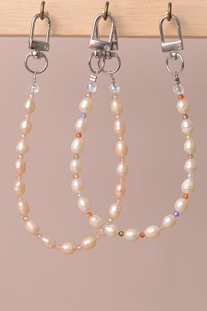 Colorful Zircon Double Buckle Vintage Phone Chain Pendant Strap with Natural Freshwater Pearl Beads for Women