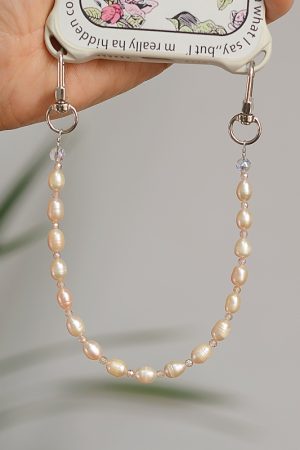 Colorful Zircon Double Buckle Vintage Phone Chain Pendant Strap with Natural Freshwater Pearl Beads for Women