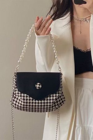 Contrasting Color Chain Underarm Bag for Women, High-End Houndstooth Pearl Single-Shoulder Crossbody Bag, Trendy Fashion Accessory