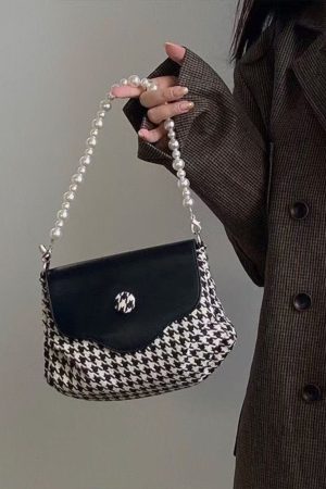 Contrasting Color Chain Underarm Bag for Women, High-End Houndstooth Pearl Single-Shoulder Crossbody Bag, Trendy Fashion Accessory