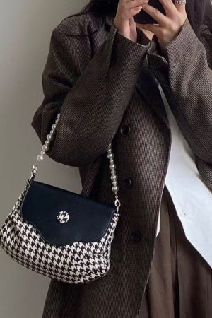 Contrasting Color Chain Underarm Bag for Women, High-End Houndstooth Pearl Single-Shoulder Crossbody Bag, Trendy Fashion Accessory