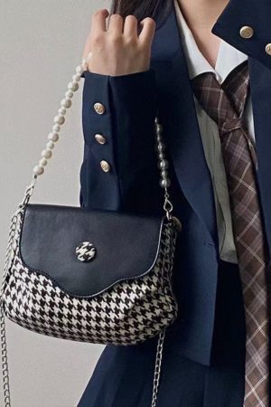 Contrasting Color Chain Underarm Bag for Women, High-End Houndstooth Pearl Single-Shoulder Crossbody Bag, Trendy Fashion Accessory