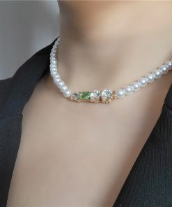 Contrasting Color Pearl Necklace with Sparkling Clavicle Chain - Korean & Japanese Niche Design for Women