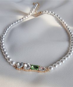 Contrasting Color Pearl Necklace with Sparkling Clavicle Chain - Korean & Japanese Niche Design for Women