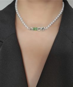 Contrasting Color Pearl Necklace with Sparkling Clavicle Chain - Korean & Japanese Niche Design for Women