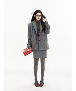 Cool Girl Loose Fit Blazer and Split Hem Pencil Skirt Two-Piece Set for Autumn, Y2K Inspired Chic Outfit