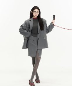 Cool Girl Loose Fit Blazer and Split Hem Pencil Skirt Two-Piece Set for Autumn, Y2K Inspired Chic Outfit
