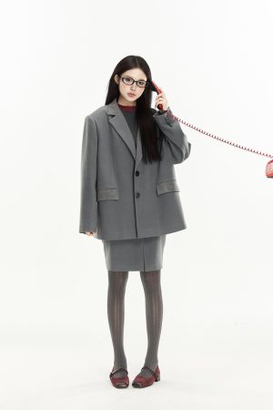 Cool Girl Loose Fit Blazer and Split Hem Pencil Skirt Two-Piece Set for Autumn, Y2K Inspired Chic Outfit