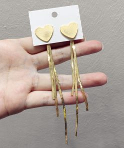 Cool-Toned Slimming Heart-Shaped Metal Tassel Earrings with Detachable Snake Chain for Versatile Style