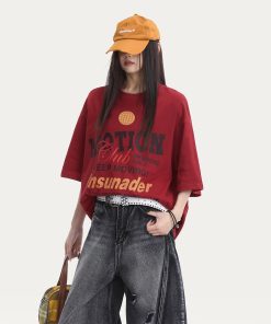 Cotton Short Sleeve T-Shirt for Women, American High Street Letter Print, Loose Fit, Trendy Casual Top, Y2K Style