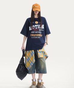 Cotton Short Sleeve T-Shirt for Women, American High Street Letter Print, Loose Fit, Trendy Casual Top, Y2K Style