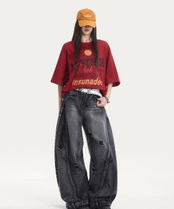 Cotton Short Sleeve T-Shirt for Women, American High Street Letter Print, Loose Fit, Trendy Casual Top, Y2K Style