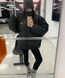 Couple Matching Pumpkin Velvet Cross Print Puffer Jacket - Easy-Care Warm Coat for Fall Winter Fashion