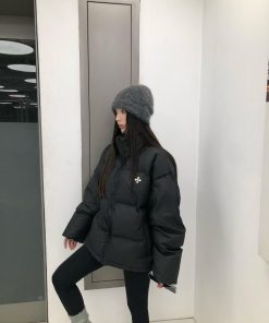 Couple Matching Pumpkin Velvet Cross Print Puffer Jacket - Easy-Care Warm Coat for Fall Winter Fashion