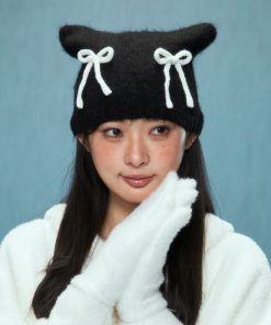 Cozy Cat Bowknot Wool Knit Hat - Plush Winter Accessory for 2025, Cute and Stylish for Cold Weather Fashion
