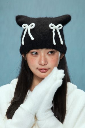 Cozy Cat Bowknot Wool Knit Hat - Plush Winter Accessory for 2025, Cute and Stylish for Cold Weather Fashion