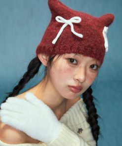 Cozy Cat Bowknot Wool Knit Hat - Plush Winter Accessory for 2025, Cute and Stylish for Cold Weather Fashion
