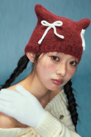 Cozy Cat Bowknot Wool Knit Hat - Plush Winter Accessory for 2025, Cute and Stylish for Cold Weather Fashion