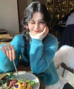 Cozy Pumpkin Blue Mink Velvet Pullover Sweater for Women - Soft Loose Knit Top for Winter Relaxed Style