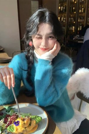 Cozy Pumpkin Blue Mink Velvet Pullover Sweater for Women - Soft Loose Knit Top for Winter Relaxed Style