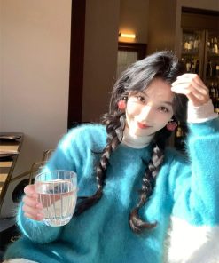 Cozy Pumpkin Blue Mink Velvet Pullover Sweater for Women - Soft Loose Knit Top for Winter Relaxed Style