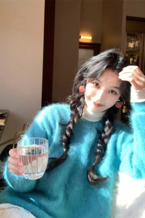 Cozy Pumpkin Blue Mink Velvet Pullover Sweater for Women - Soft Loose Knit Top for Winter Relaxed Style