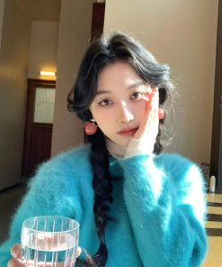 Cozy Pumpkin Blue Mink Velvet Pullover Sweater for Women - Soft Loose Knit Top for Winter Relaxed Style