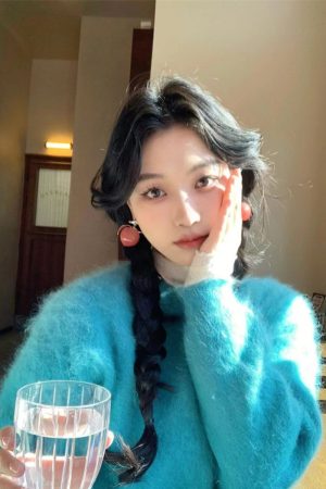 Cozy Pumpkin Blue Mink Velvet Pullover Sweater for Women - Soft Loose Knit Top for Winter Relaxed Style