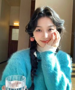 Cozy Pumpkin Blue Mink Velvet Pullover Sweater for Women - Soft Loose Knit Top for Winter Relaxed Style