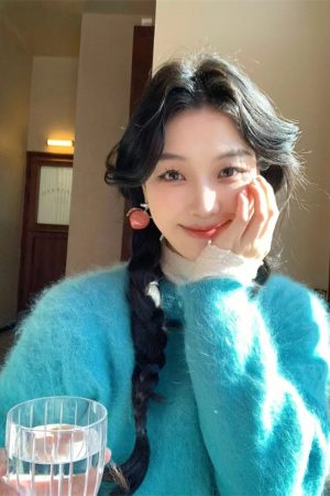 Cozy Pumpkin Blue Mink Velvet Pullover Sweater for Women - Soft Loose Knit Top for Winter Relaxed Style