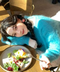 Cozy Pumpkin Blue Mink Velvet Pullover Sweater for Women - Soft Loose Knit Top for Winter Relaxed Style